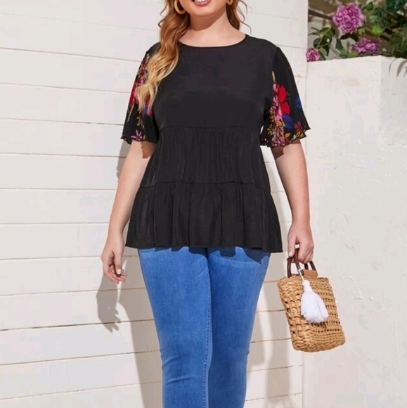 SHEIN Women's Floral Print Sleeve Peplum Blouse - Picture 2 of 12